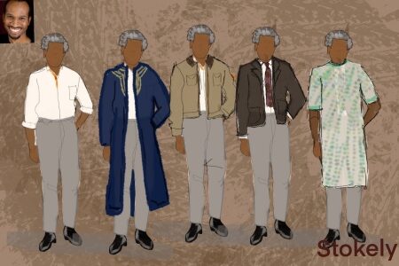 A costume rendering showing five different outfits for the character of Stokely Carmichael/Kwane Ture. Each outfit is similar, with a different overlayer.
