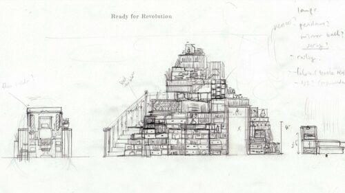 A sketch of the set for STOKELY: THE UNFINISHED REVOLUTION. There is a large structure in the center that is comprised of drawers and shelves; there are two smaller structures on either side.