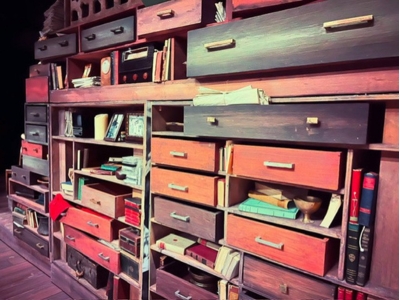 Assorted drawers, photos, papers, and emphemera.