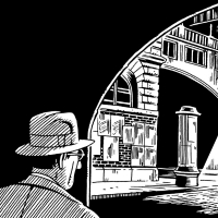 An illustration of a man looking at an empty street. He is standing under a bridge.