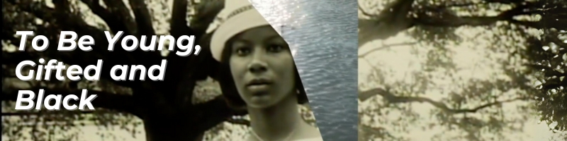 A woman looks at the camera, she is wearing formal clothing. There is a geometric cut-out on the side of the image, where water is visible. There is text that reads, "To Be Young, Gifted and Black."