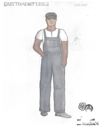 A costume rendering; there is a man wearing a cap and gray overalls.