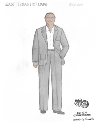 A costume rendering; a man wears a gray suit.