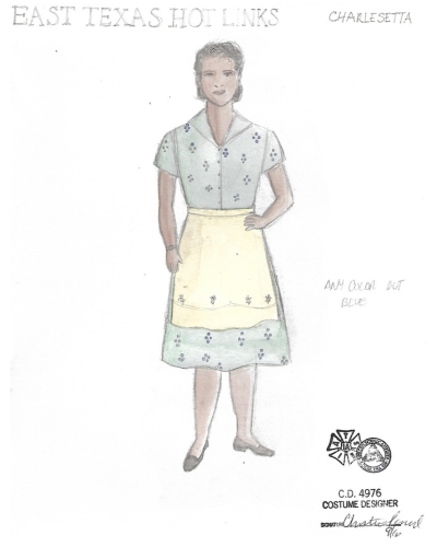 A costume rendering; there is an illustration of a woman in a dress. The dress is simple with a small blue pattern and a yellow apron.