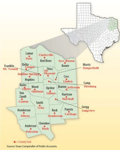 A map of all of Texas with a zoomed-in view of the counties and cities in the upper part of East Texas.