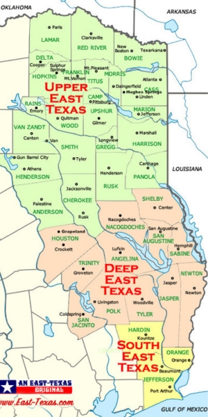 A zoomed-in map of East Texas shows the split between Upper East Texas, Deep East Texas, and South East Texas. Counties and cities are marked on the map, including places like Tyler, Grapeland, Marshall, and Jasper.