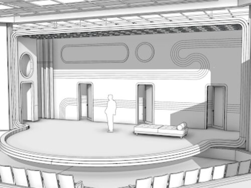 A black and white rendering of a set model on a stage. The set has a makeshift proscenium, and three doors. There is a couch onstage, in addition to a lone figure.