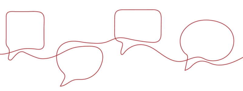 Various red speech bubbles connected by a thread.