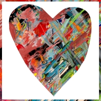 A colorful, painted heart with a colorful border around it.