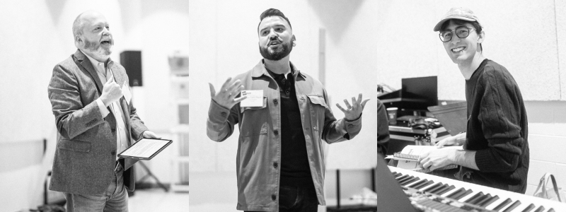 A triptych of three men. Two of the three are standing and speaking, and the third is sitting by a piano and smiling.