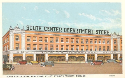 A colorful, illustrated rendering of the South Center Department Store in Chicago.