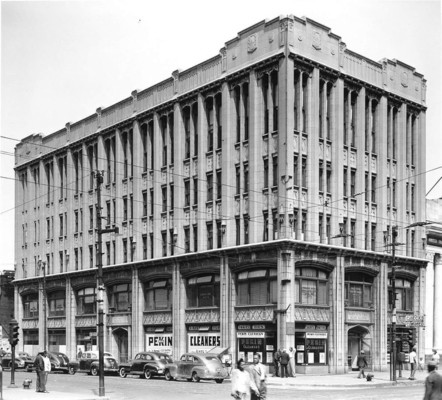 A black and white photo of a bank building.